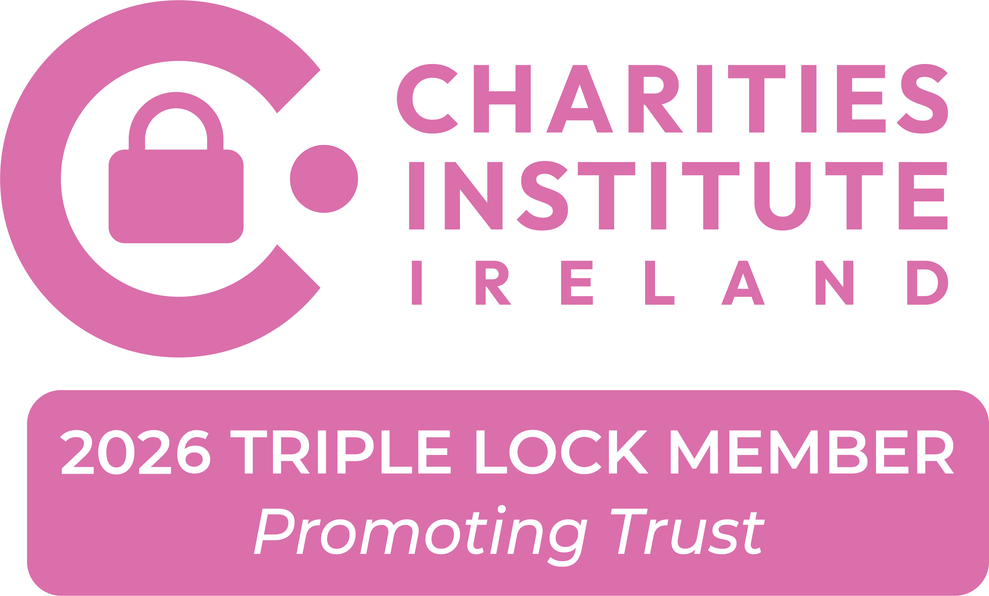Charities Institute Ireland logo, in pink, with caption stating 2024 Triple Lock member, promoting trust.